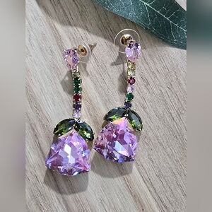 Stunning Purple and Green Crystal Flower Drop Earrings